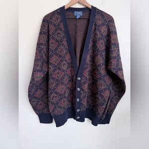 Cambridge Classics Vintage 80’s Grandpa Cardigan Diamond Chevron Wool Blend XL